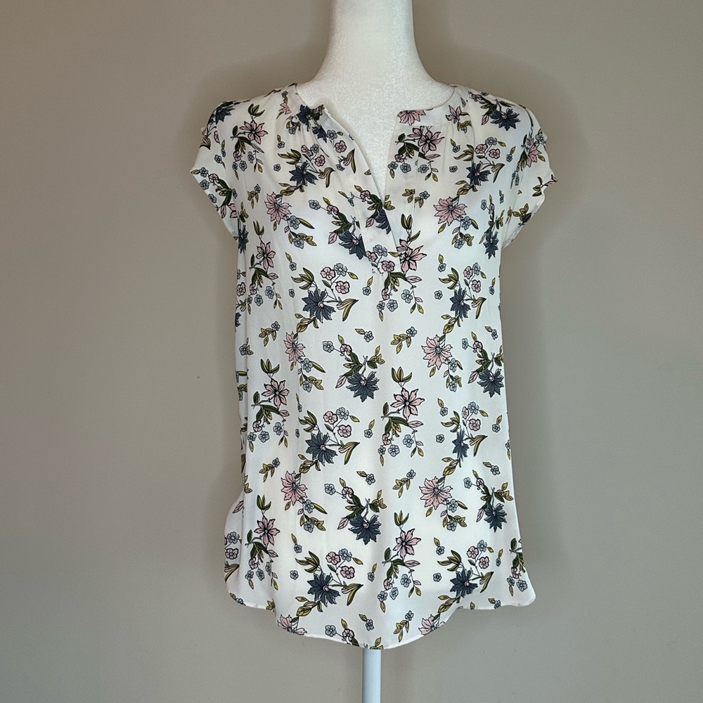 LOFT Floral Ruffle Sleeve Blouse - White and Pink